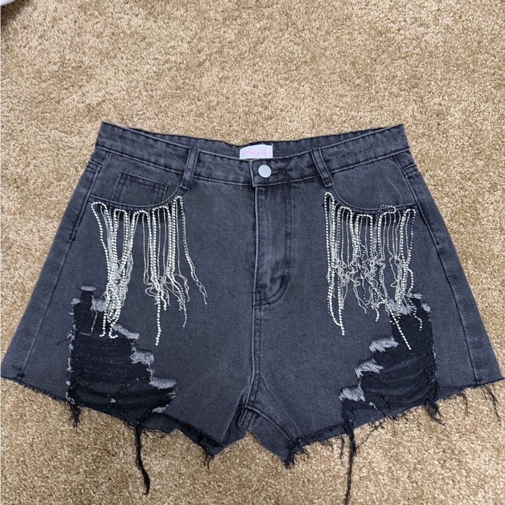 Pink Lily Black Denim Shorts with Silver Chain Accents